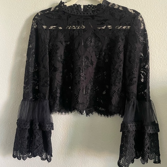 Forever 21 Black Lace Bell Sleeve Blouse Crop Top - Picture 3 of 5